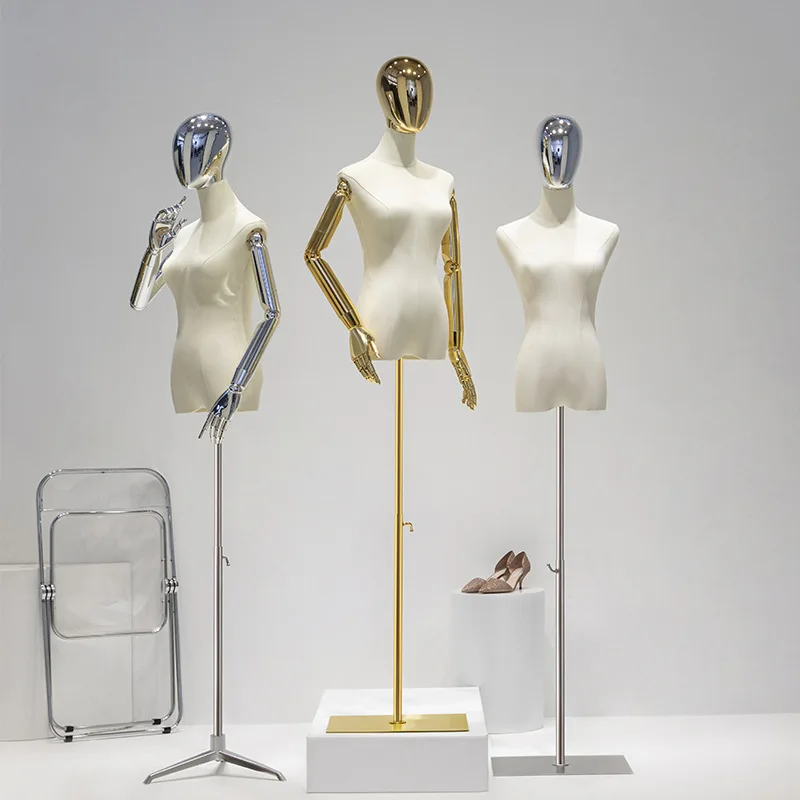 Fabric Cover Female Half-Body Mannequin Gold/Silver Arm Metal Base for Wedding Cloting Display Dress Form Adjustable Rack