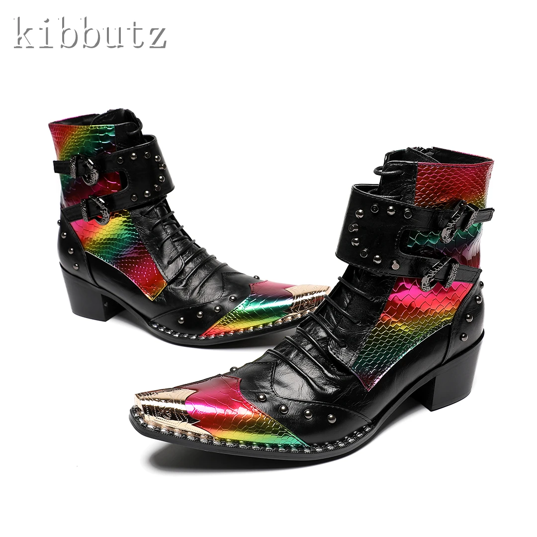 Designer Patchwork Men Party Ankle Boots Metal Toe Nightclub Motorcycle Short Boots Male Colorful Leather Prom Dress Shoes