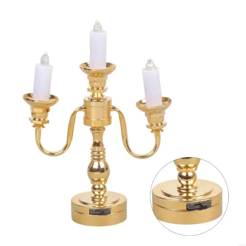 Simulation Golden Metal Candelabra Desk Lamp for 1/12 Scale Doll House Decoration Living Rom Scene Display Accessories 15UB