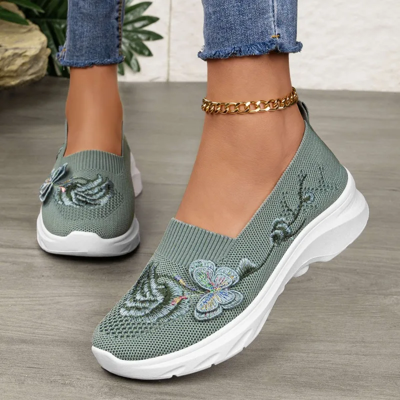

Women's Floral Embroidered Slip-On Sneakers, Breathable Mesh Walking Shoes Lightweight Platform Casual Flats for Daily Wear