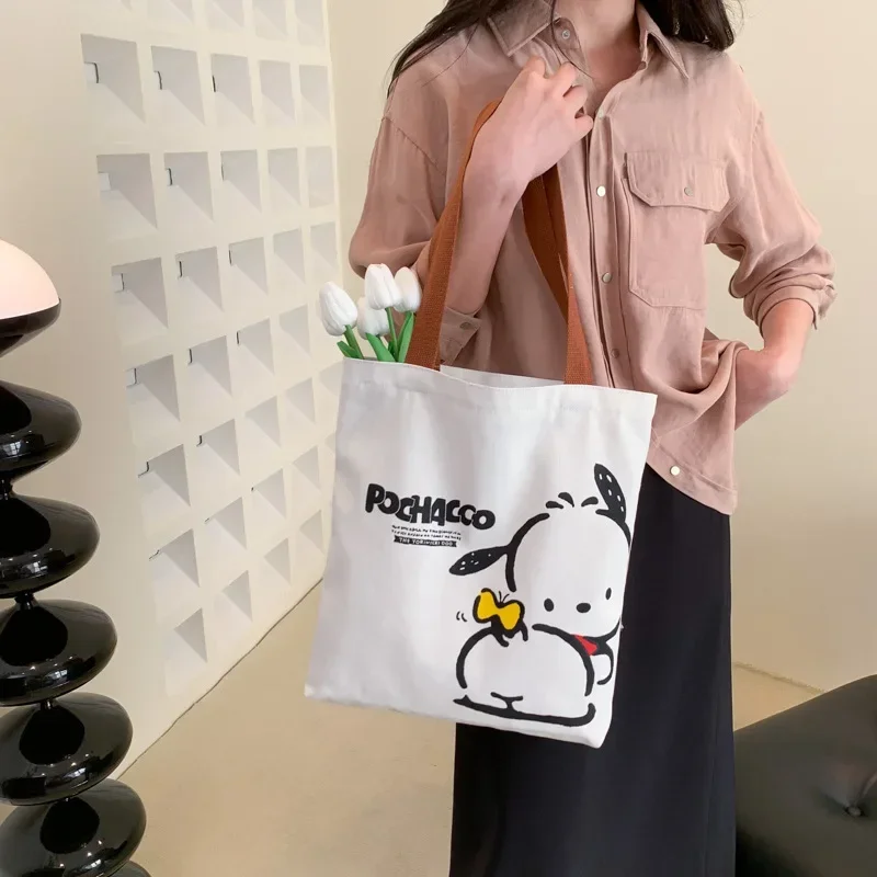 Sanrio Pochacco Large Capacity Shoulder Bags Casual Shopper Bag Tote Canvas Cartoon Print Zipper Ulzzang Handbags Cheap Women