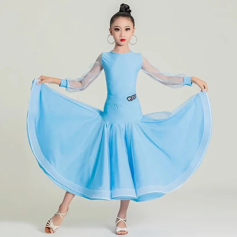 

Kids Girls Waltz Tango Ballroom Professional Costumes Children Mesh Sleeve Bodysuit and Large Skirts Modern Dancing Clothes