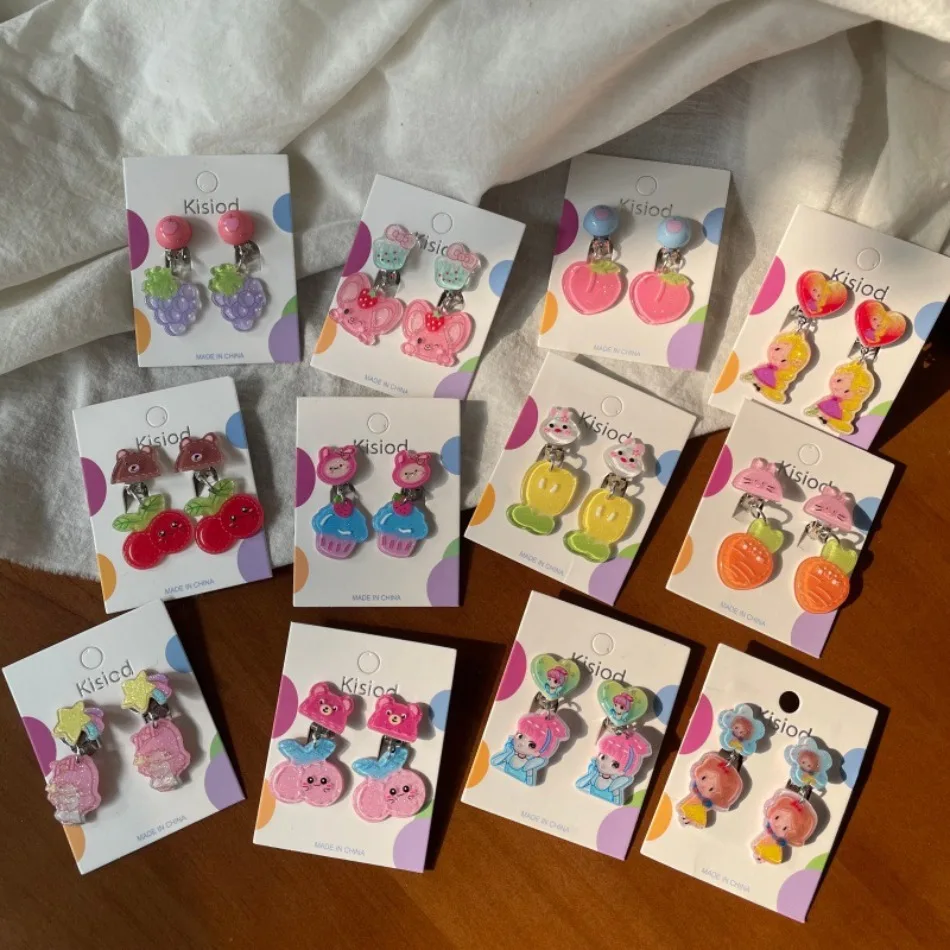 

New Acrylic Toddler Kids Earrings Cartoon Ear Clips No Piercing Earrings Painless Cute Princess Baby Fruit Stud Earrings ZX07