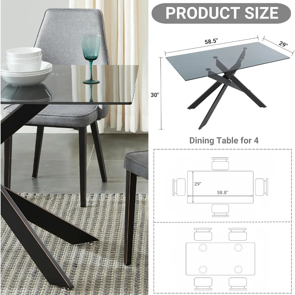 طاولة طعام حديثة من الزجاج المقسى باللون الرمادي مع أرجل معدنية سوداء، بطول 58.5 × 29 عريضة × 30 مرتفعة #2