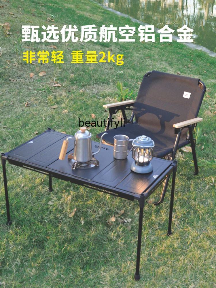 Camping Lightweight Table Portable round Picnic Table Egg Roll Table Ultralight Aluminum Alloy Black