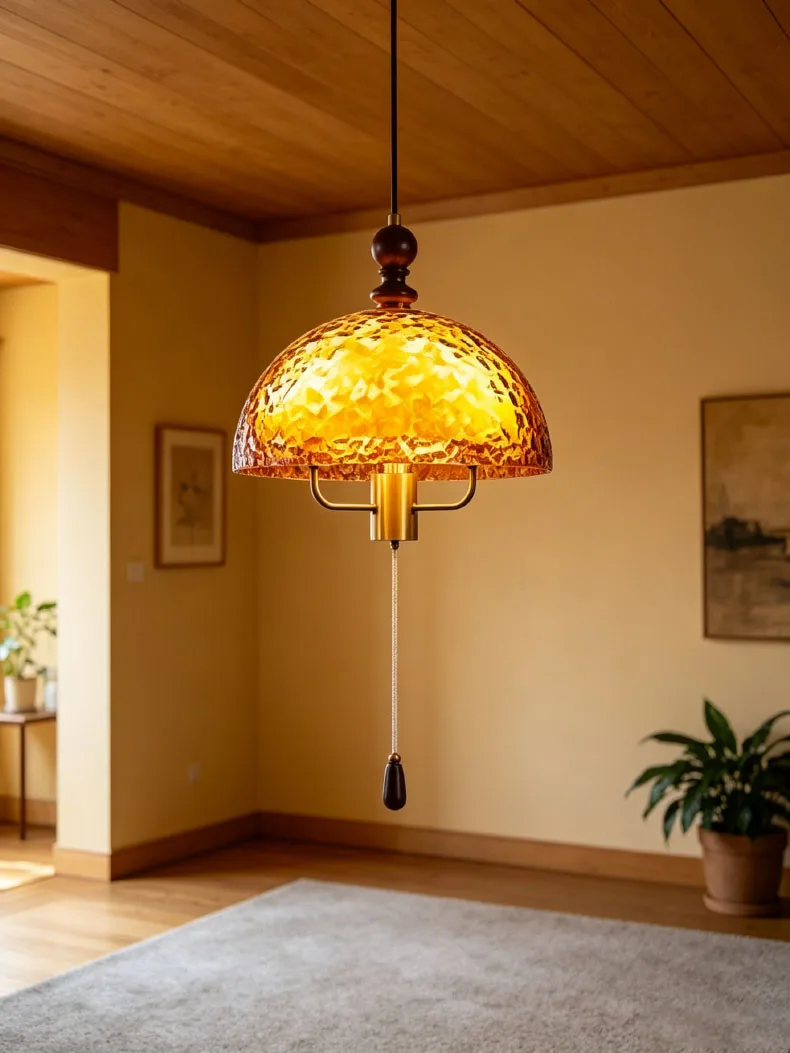 Acrylic Lampshade Pendant Lights Three E27 Bulb Brown Wood