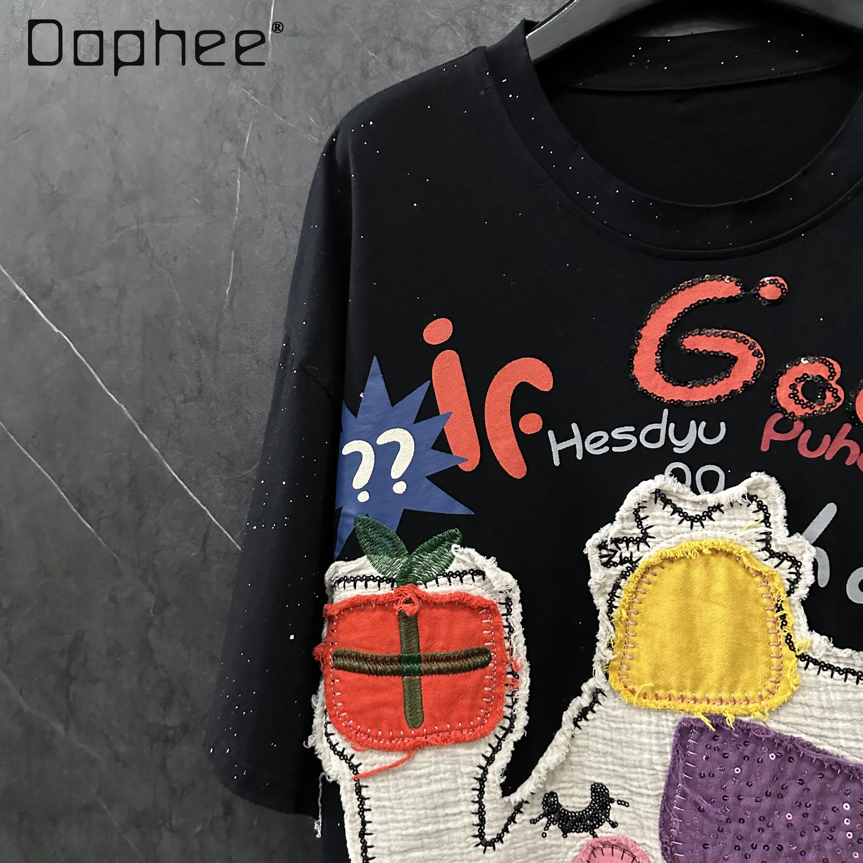 

Summer New Patch Embroidery Elephant Letter Short Sleeve Balck T-Shirt 2026 New Loose Versatile Casual Top Women Clothing