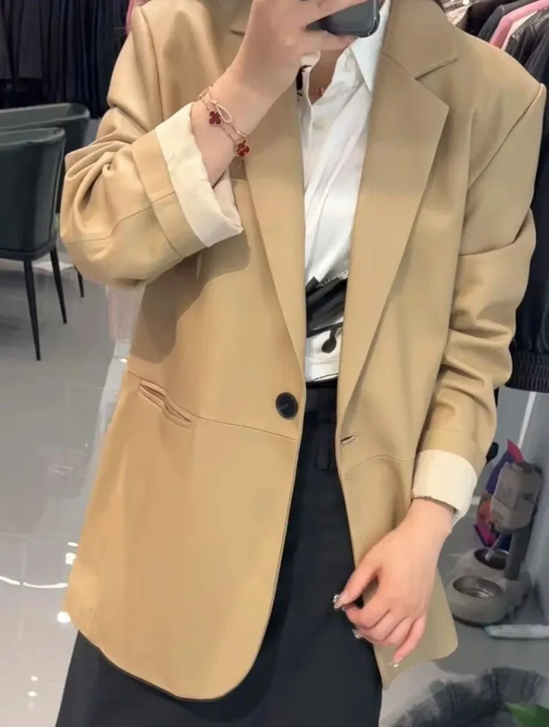 معطف جلد الغنم بطبقة علوية للنساء بدلة بزر واحد وياقة خلفية 100% ملابس جلدية كبيرة الحجم ليندا بيج رمادي Ceket