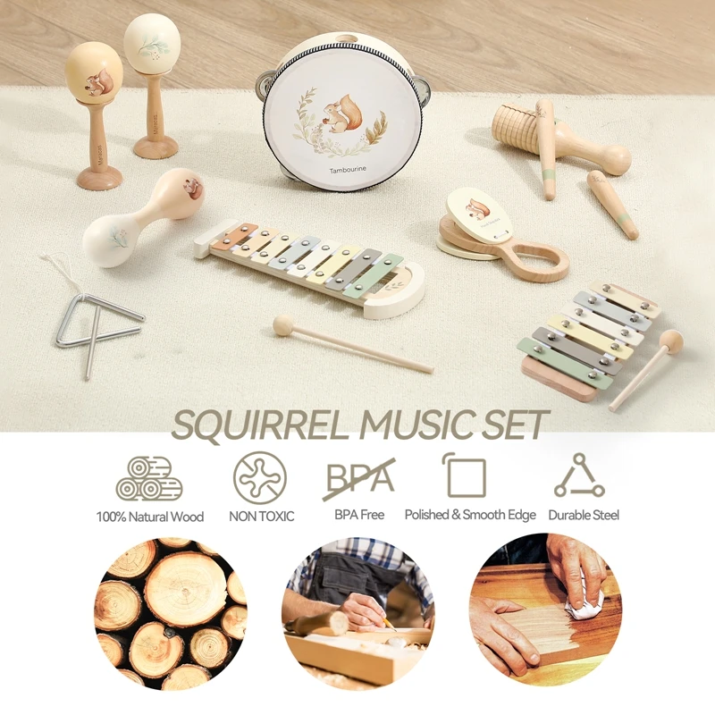 Instrumentos musicales, juguetes de madera Montessori, xilófono, sonajero, tambor, juguetes educativos de iluminación musical para bebés, regalos de Navidad para niños