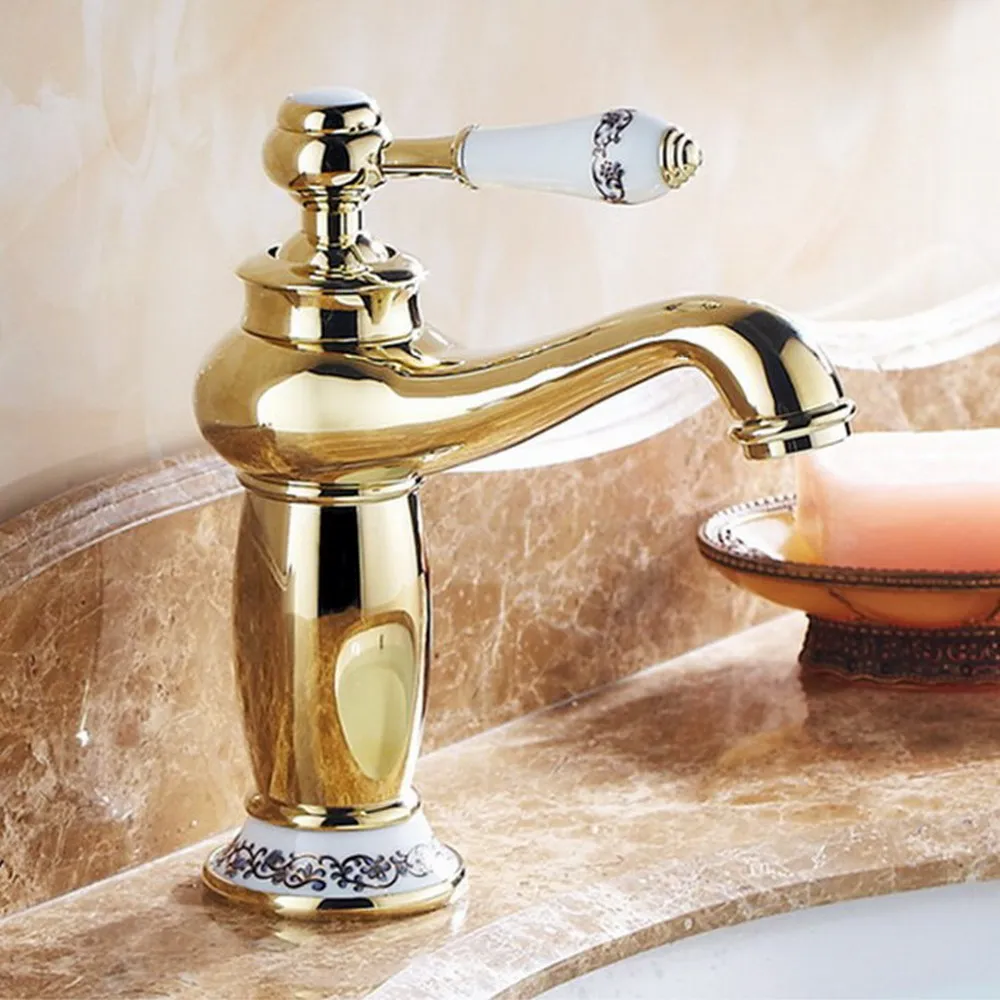 Deck Mounted Luxury Gold Color Brass Single Handle Hole Bathroom Sink Mixer Faucet Hot and Cold Water Mixer Tap Nnf501