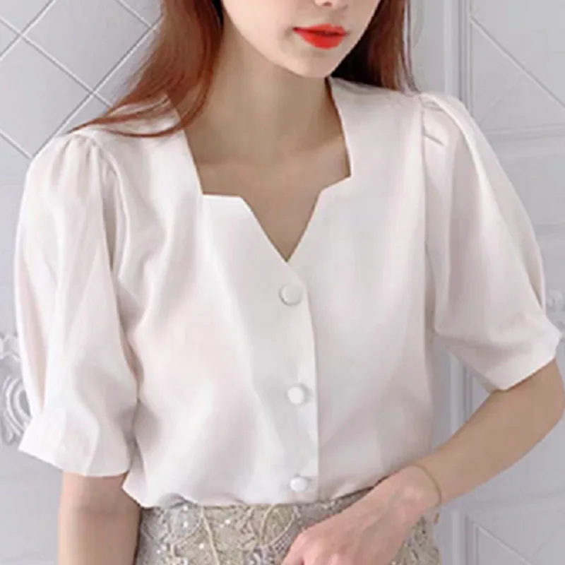 2022 New Summer French Square Neck Bubble Short Sleeve Chiffon Blouse Women\'s White Shirt Vintage Tops Solid Blusas Yellow 2815