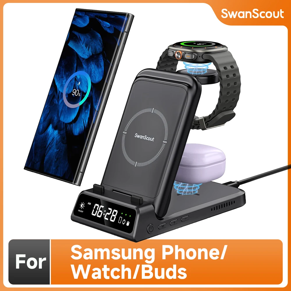 SwanScout 703S Charging Station for Samsung S24+ S23 Z Flip 6 Z Fold 6 Wireless Charger for Galaxy Watch Ultra 7 6 for Buds 2pro