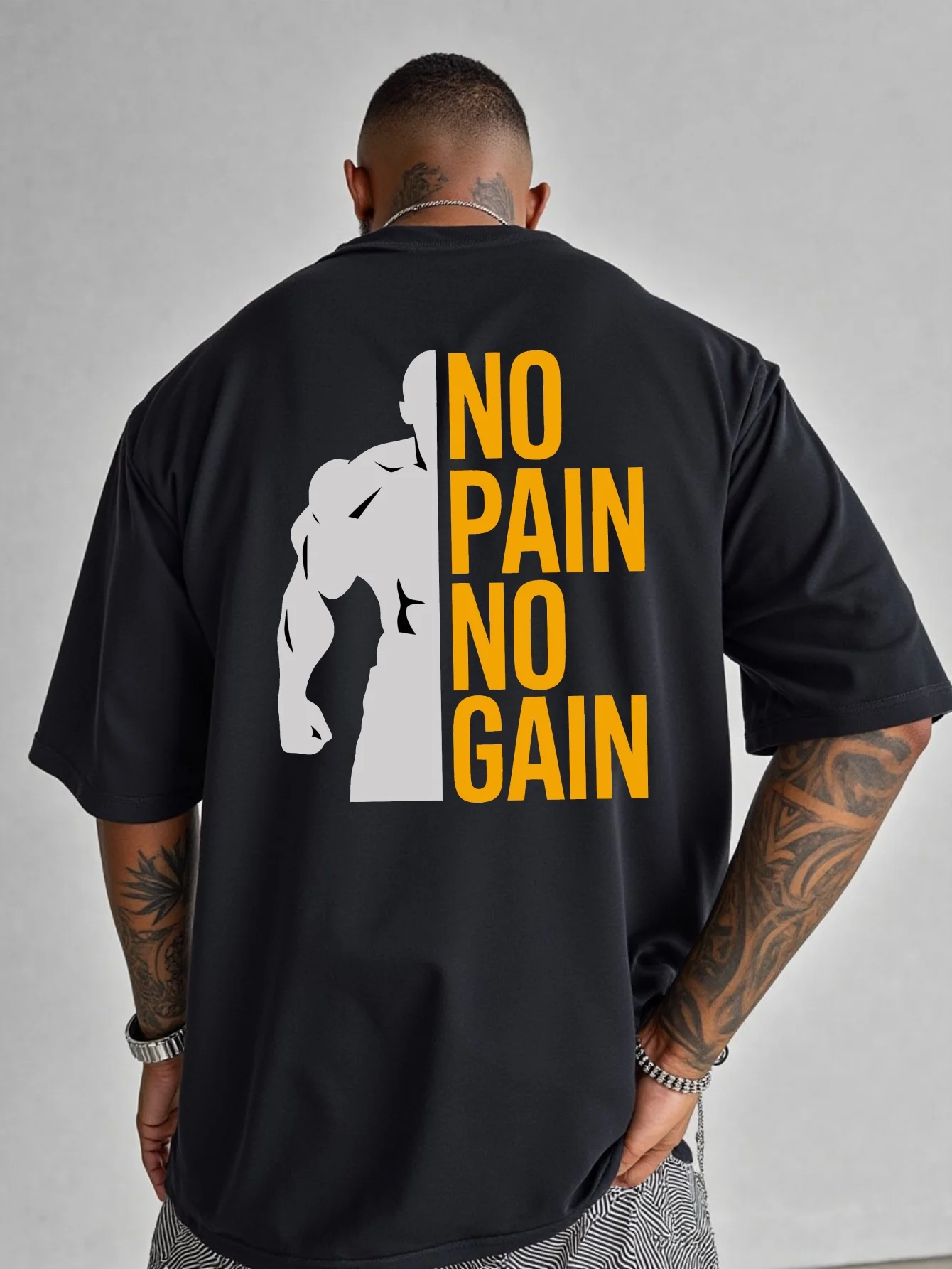 TZ2 B NO PAIN NO GAIN Short-Sleeved T-Shirt American Fashion Large Size Printed Bottoming Shirt Extra Large and Wide Spring and Summer Round Neck Casual Versatile Top, Plus Size