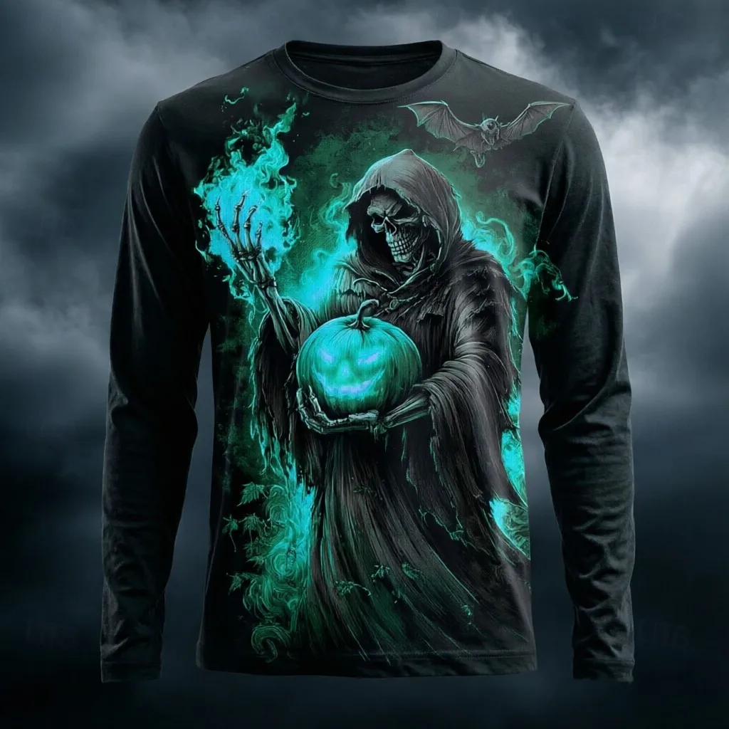 Men's Long Sleeve T-Shirt Print Grim Reaper Pumpkin Bat Flame Halloween Gothic Crew Neck Casual Men's Gift T-shirt Mens clothing