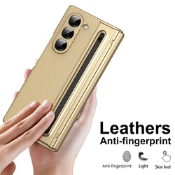 Leather Plating Hinge Case For Samsung Galaxy Z Fold 7 6 5 4 3 W25 5G With Touch Pen 360 Full Screen Protector Folding Cover