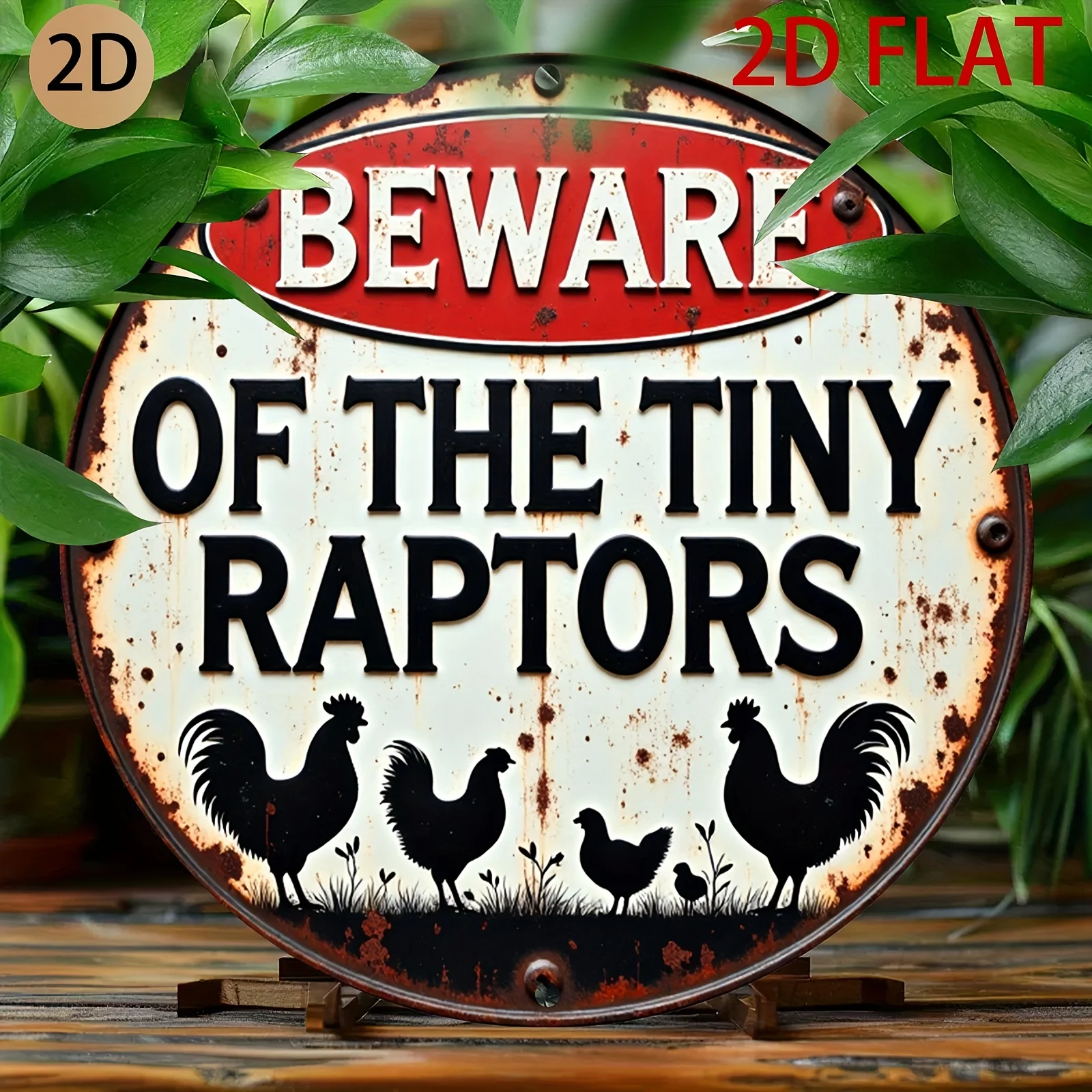 2D plane Rusty tin metal sign Beware of the Tiny Raptors chicken themed retro wall art for home or farm area, 2D Flat, Perfect f