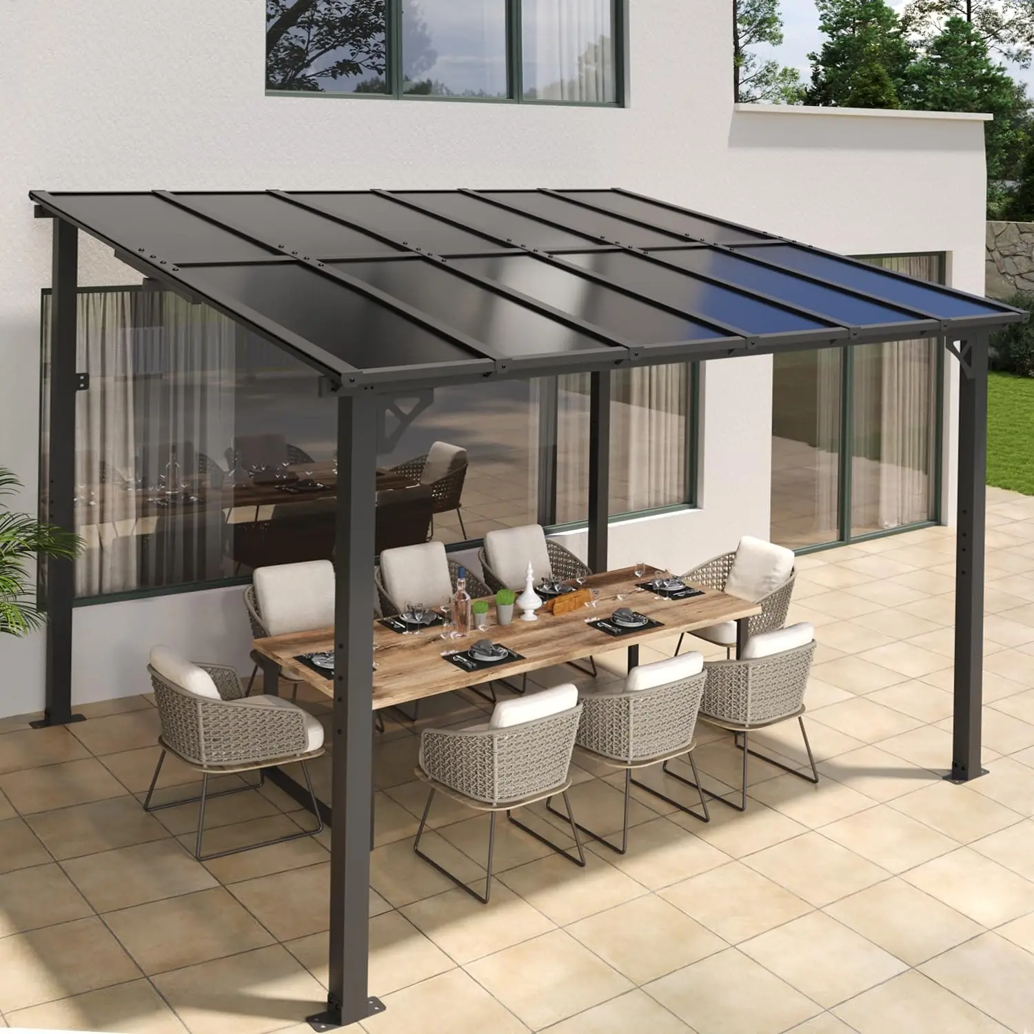 10' x 12' Gazebo for Patio, Gazebo Pergola with Sloped Roof, Large Wall-Mounted Heavy Duty Awnings, for Backyard, Deck, Patio