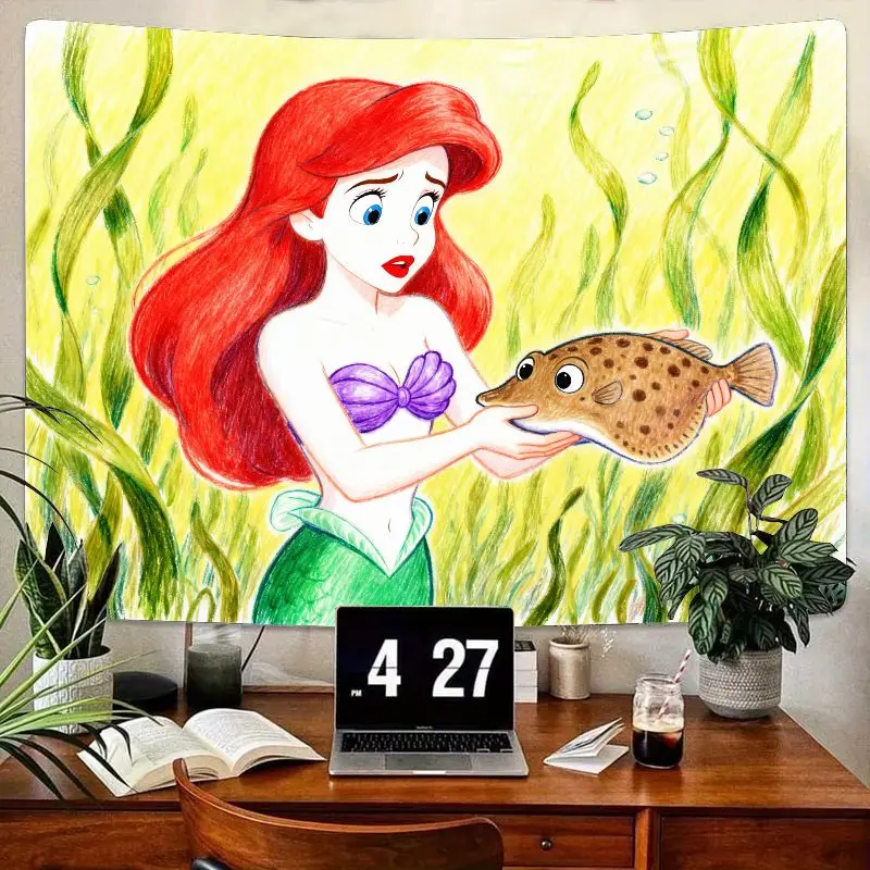 

1 шт. гобелен «Русалочка» Диснея Ариэль, милая мультяшная принцесса с рыбой, настенное искусство, полиэстер, декор для спальни, гостиной, общежития