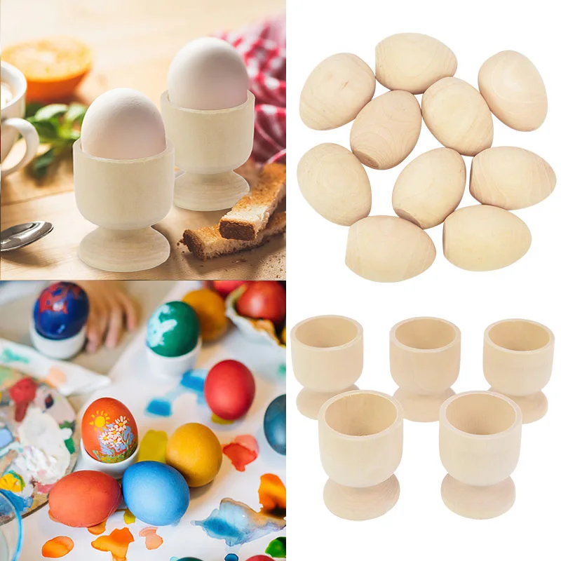 

5pcs Natural Wooden Simulation Egg Cup Egg Holder Stand Tray DIY Unfinished Blank Wood Painted Eggs Educational Toy Easter Decor