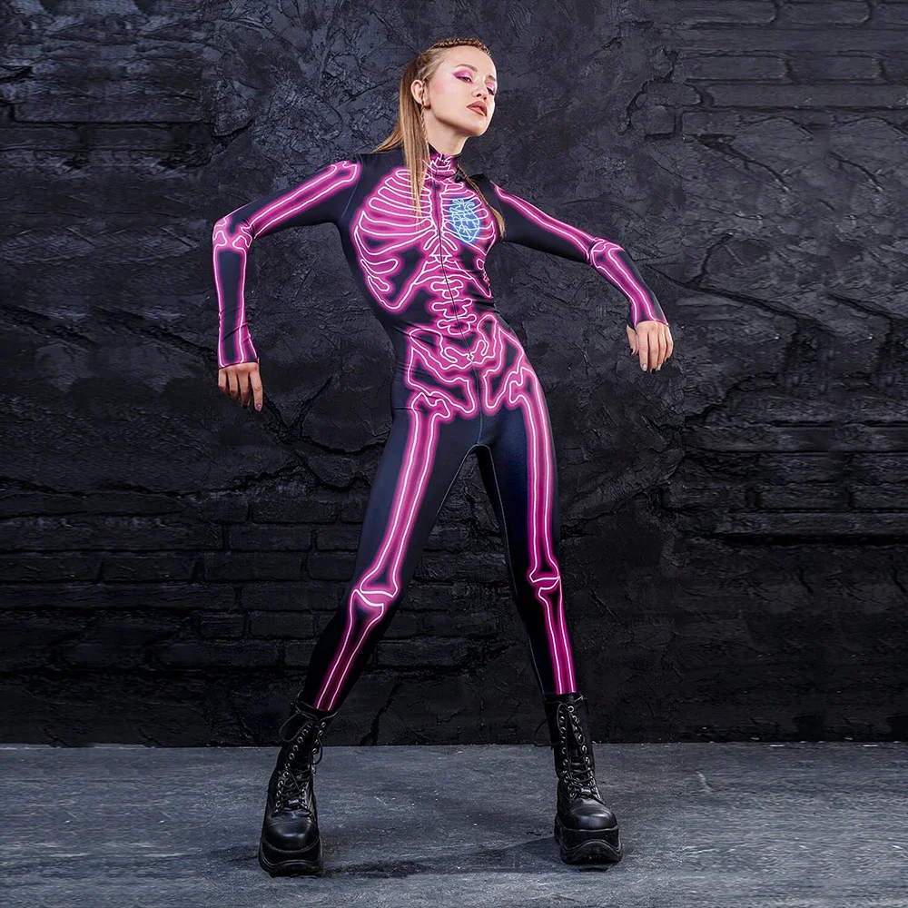 Mono Sexy con estampado 3D de esqueleto para mujer adulta, disfraces de Cosplay para fiesta de Halloween, vestido de fantasía, fiesta de carnaval, Día de los muertos