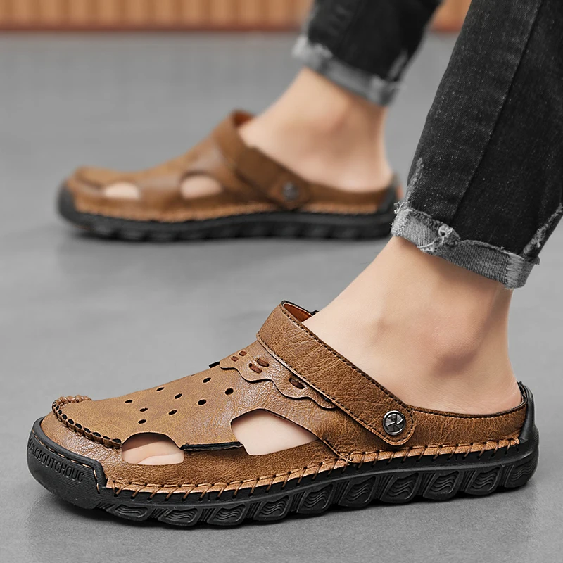 Sandalias clásicas de cuero genuino para hombre, zapatos ligeros informales para exteriores, zapatillas de moda para verano, talla 38-48