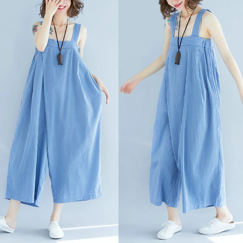

Artistic Loose Casual Striped Large Size Bal Onesie Nine-Piece Wide Leg Strap Pants Spring Summer Autumn New Sle