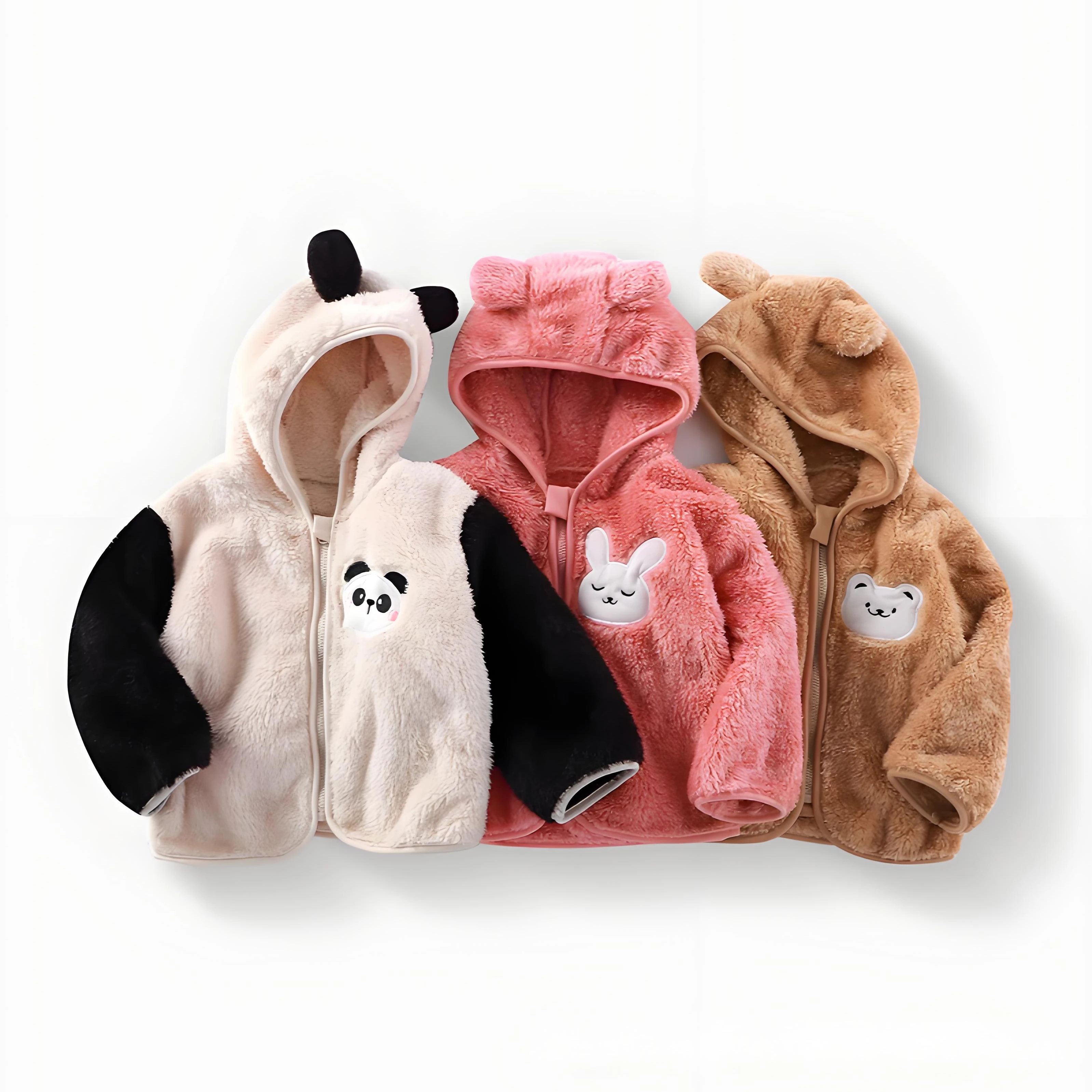 Custom Children's Winter Hooded Cartoon Plush Beaded Zip-Up Fleece Jacket 100% Polyester for Baby