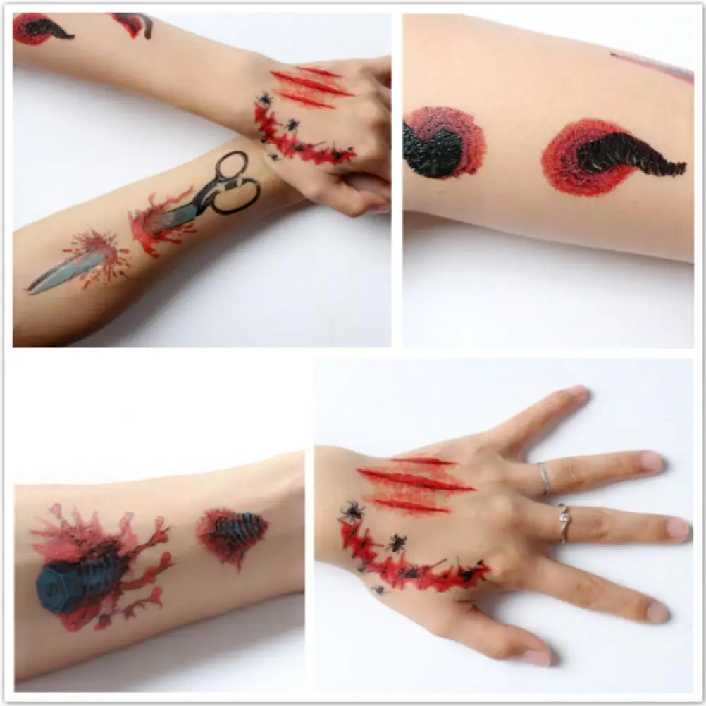 Temporary Scar Tattoos Stickers Realistic Bloody Wound Scab Horror Body Face Decals Prank Props for Halloween Cosplay