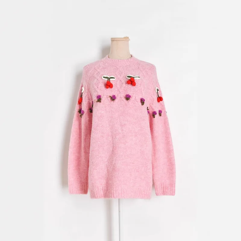 

Women O-Neck Long Sleeve cherry Pullover Loose Knitted Cotton Sweater