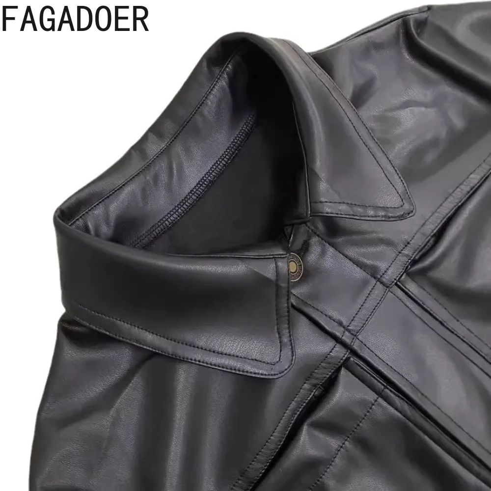 FAGADOER Y2K Punk Leather 2 Piece Sets Women Outfit Fashion Long Sleeve Buttons Crop Jacket And High Waisted Flare Pants Suit