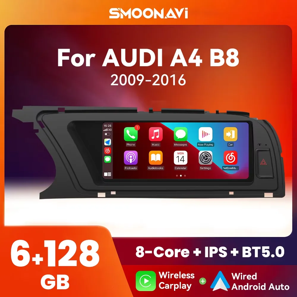 Wireless Carplay AI Voice Android 13 Car AutoRadio Player For Audi A4 2009-2016 8Core 128GB WIFI 4G SIM BT GPS Navi DSP