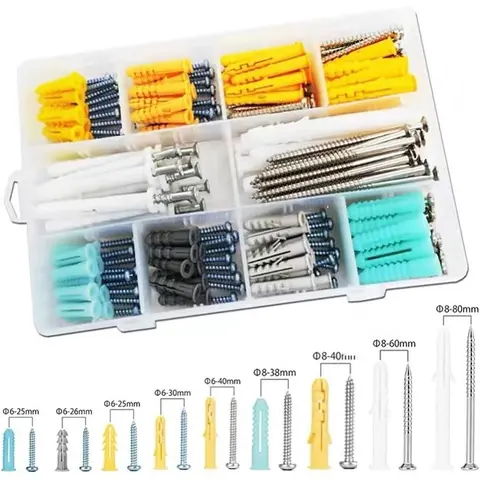 100 Plastic Wall Anchors and 100 Screws, 10 Sizes of Carbon Steel Screws, Wall Plug Bolt Combination Kit, Wall Plug Anchor Set