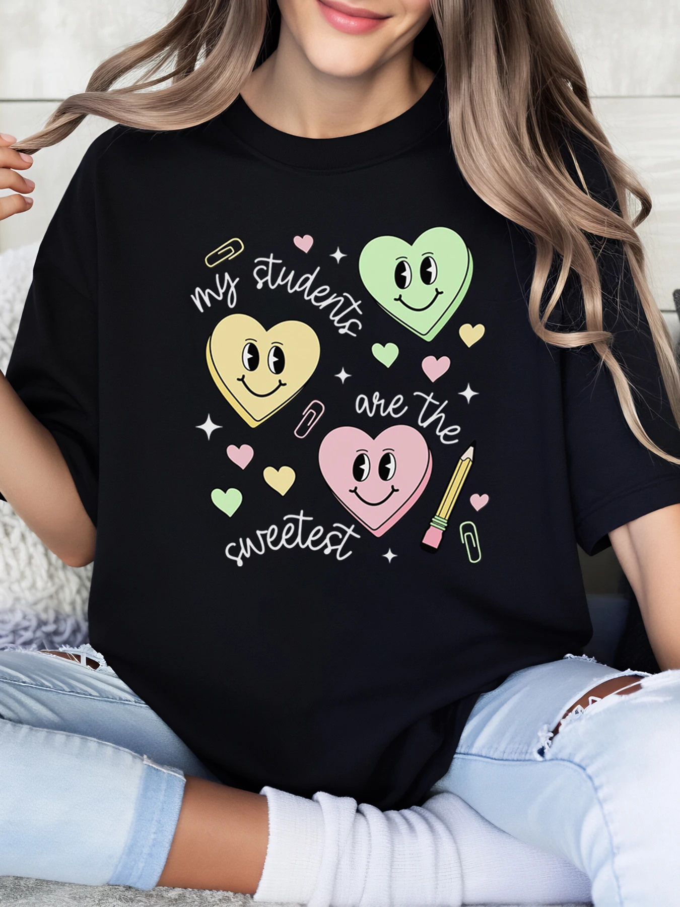 

Heart Students Are the Sweetest Print Valentine T-Shirt Women Teacher Gift School Wear Black Plus-Size