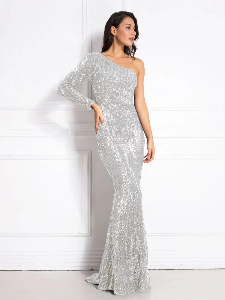 One Shoulder Sequin Night Gown Evening Party Dress Bodycon Floor Length Backless Autumn Luxury Stretchy Mermaid Maternity Dress