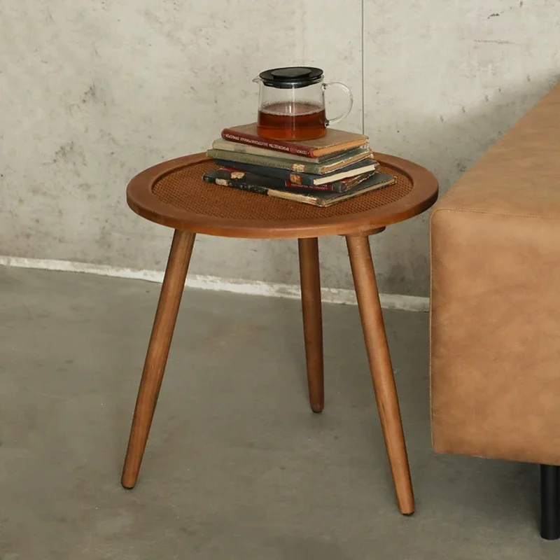 Vintage Solid Wood Coffee Table,Handmade Rattan Tea Table,Living Room Sofa Side Table, Circular Storage Desk, Home Furniture