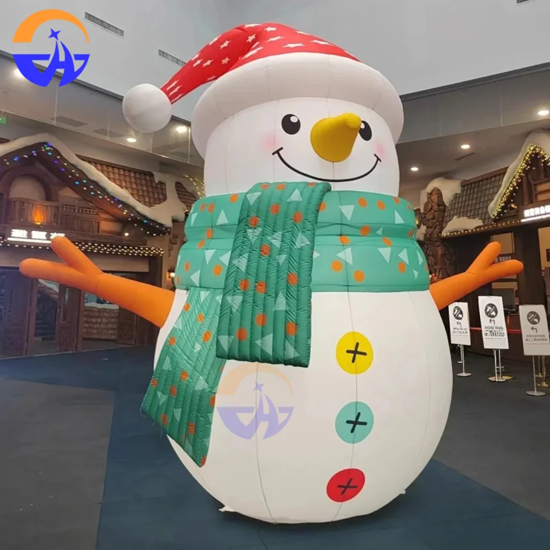 Inflatable Cartoon Snowman with Green Scarf Winter Christmas Decorative Prop for Outdoor Malls Ski Resorts