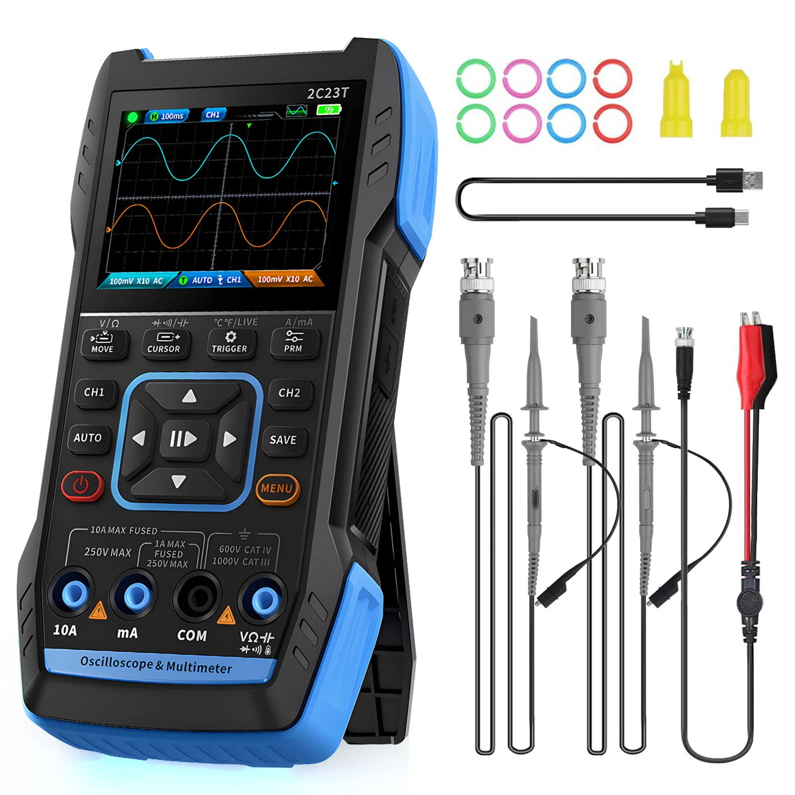 2C23T 3 in 1 multimetro per oscilloscopio generatore DDS, 2 canali, larghezza di banda 10MHz, frequenza di campionamento 50MSa/s, 9999 conteggi,