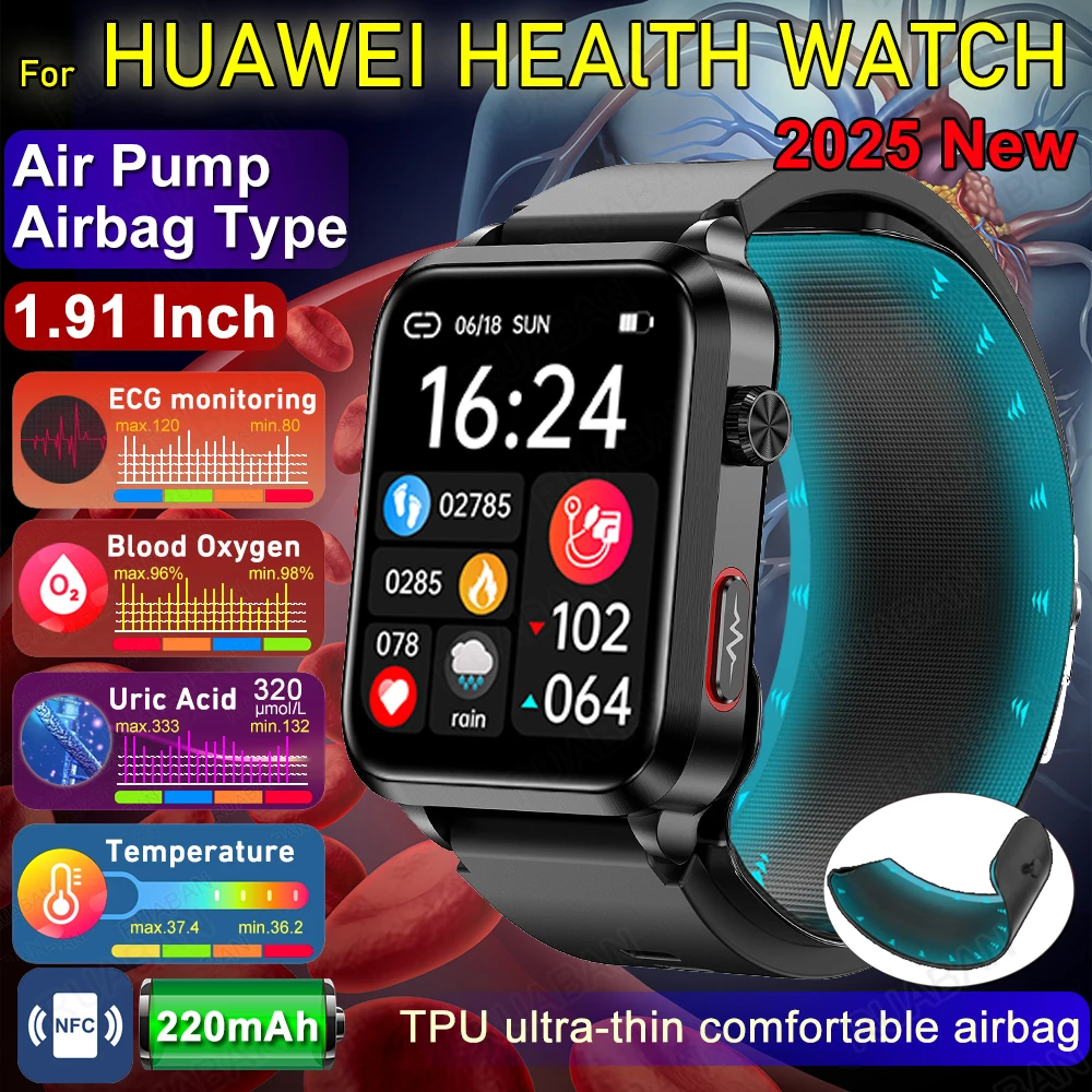 

Smart Watch men For huawei 2025 New Air Pump Airbag health watch True Accurately Blood Pressure Uric Acid Blood Lipids watch
