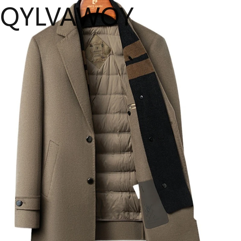 

QYLVAWOY Новое зимнее мужское шерстяное пальто со съемной подкладкой и шарфом с воротником, теплая верхняя одежда, стильная высококачественная толстая куртка LJ2748