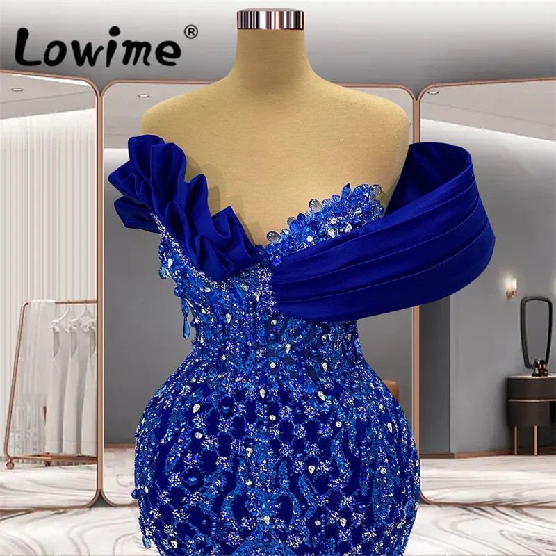 Royal Blue Arabic Party Dresses Vestidos De Noche 2023 Crystals Off Shoulder Formal Occasion Dresses Wedding Prom Evening Gowns