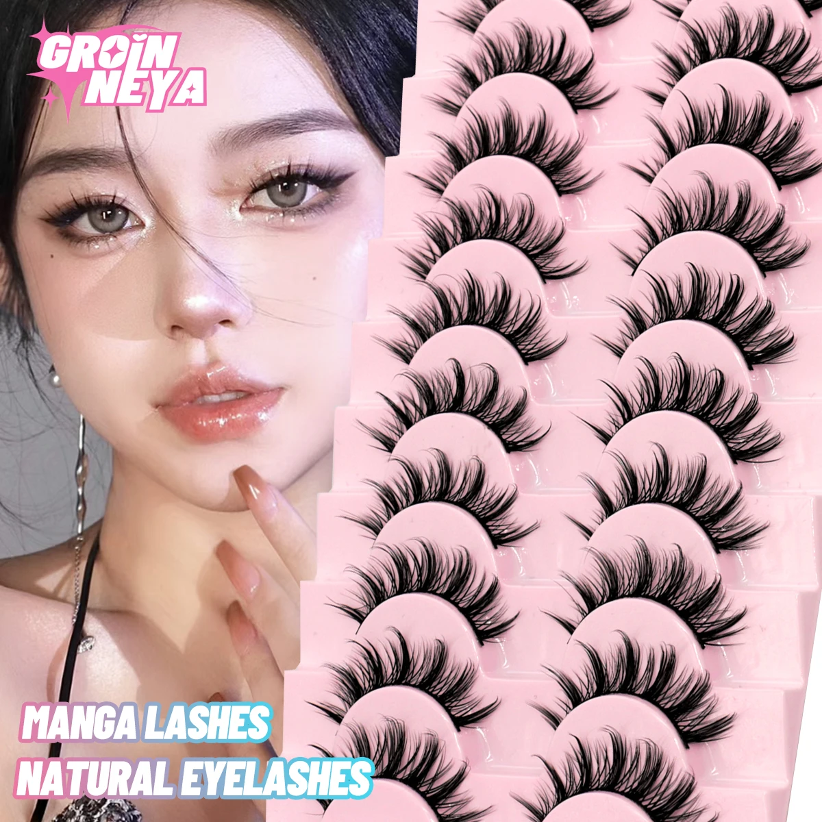 GROINNEYA 5/10 Pairs Natural False Eyelashes Manga Lashes Fluffy Soft Wispy Cosplay Lash Extension Faux mink Makeup Eyelashes