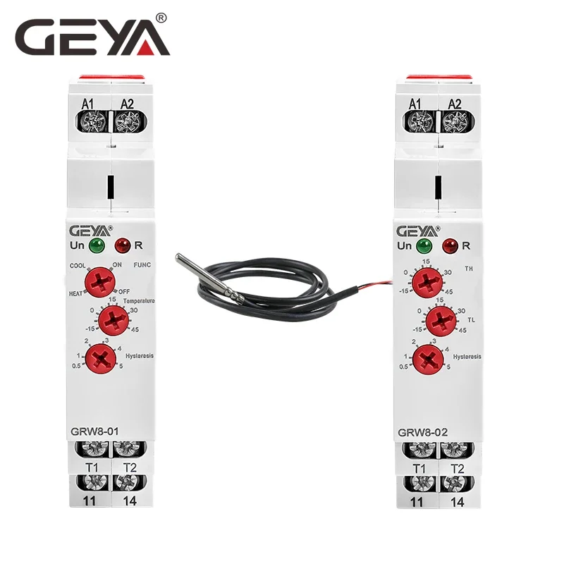 GEYA GRW8 Din Rail Temperature Control Relay 16A Wide Range Voltage  AC/DC24-240V with Waterproof Sensor