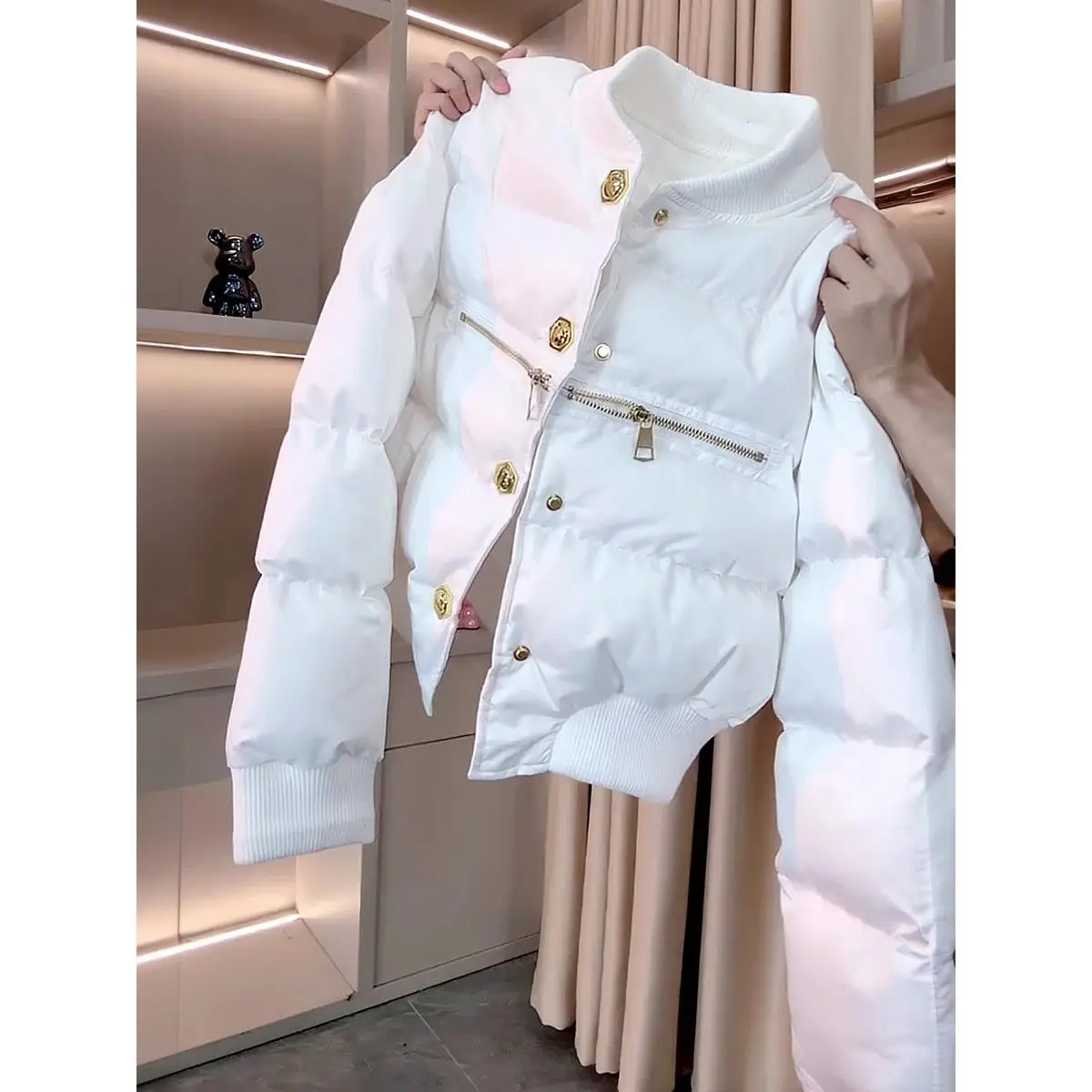 

Faionable Thiened Metal Zipper Splicing Long Sve Stand Collar Cotton Jaet Женская зимняя новая утягивающая верхняя одежда