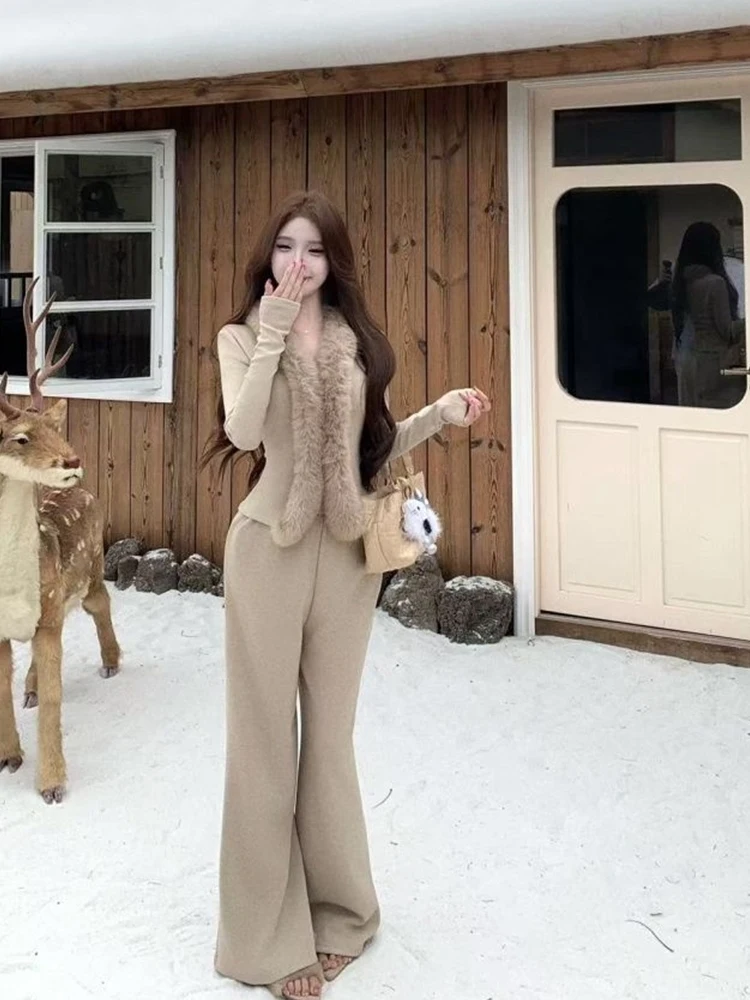 

Women's Gentle Wind Soft Fur V-neck Long Sleeve High Waist Loose Wide Leg Pants Two-piece Set Casual Fashion Ensemble