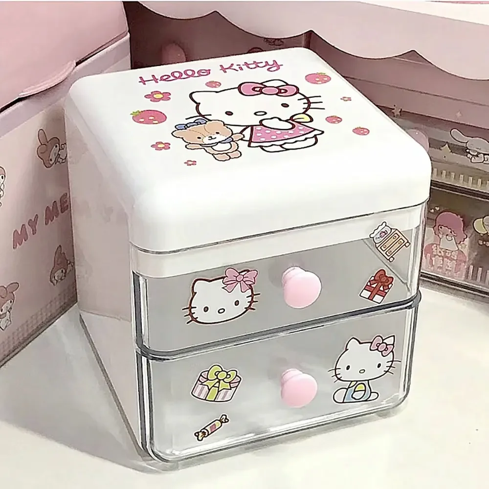 Sanrio Storage Box Hello Kitty Mini Cartoon Double Layer Jewelry Storage Box Kawaii Drawer Storage Box Toy Cute Girly Heart