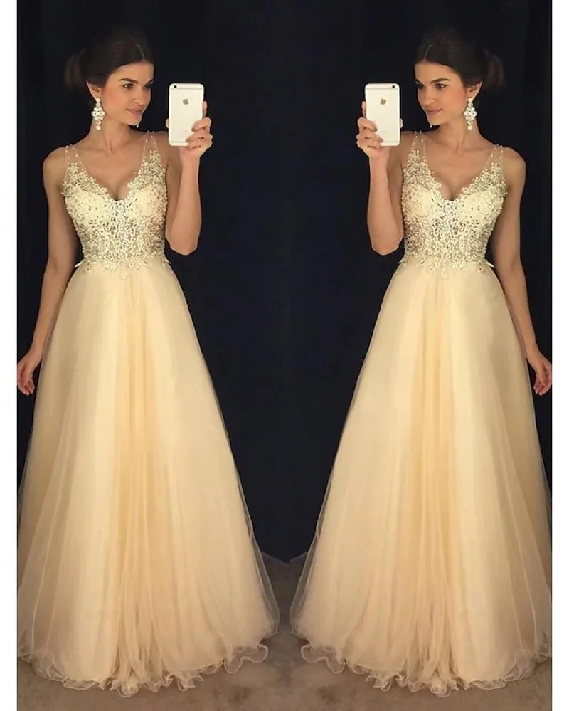 A-line Champagne Prom Party Dress 2023 V Neck Tulle Backless Beading Appliques Lace Pageant Evening Formal Gown Robe De Soriee