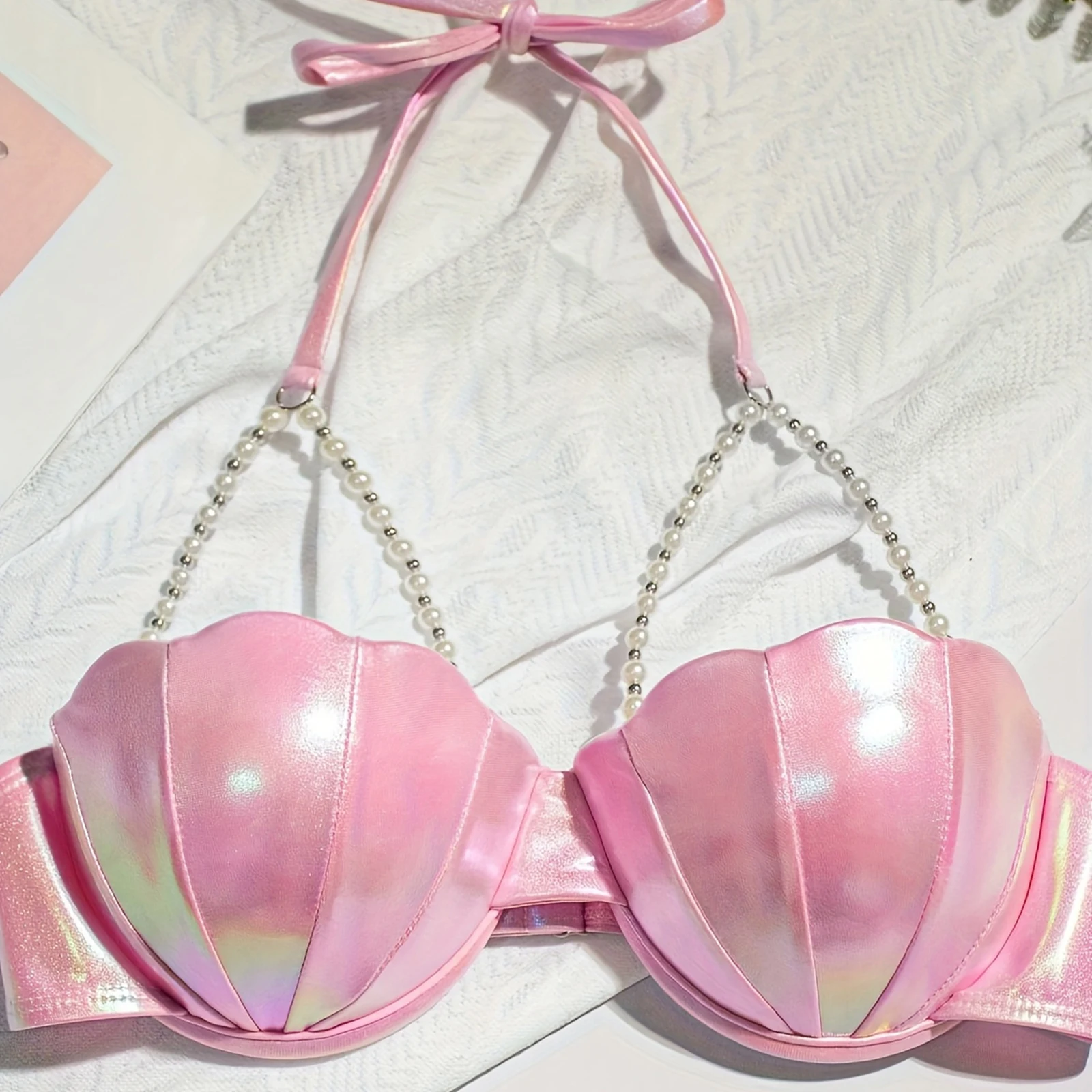 Women's Seashell Bikini Tops Sexy Halter Neck Spaghetti Straps Bathing Suit Bra with Pearl Chain view 2