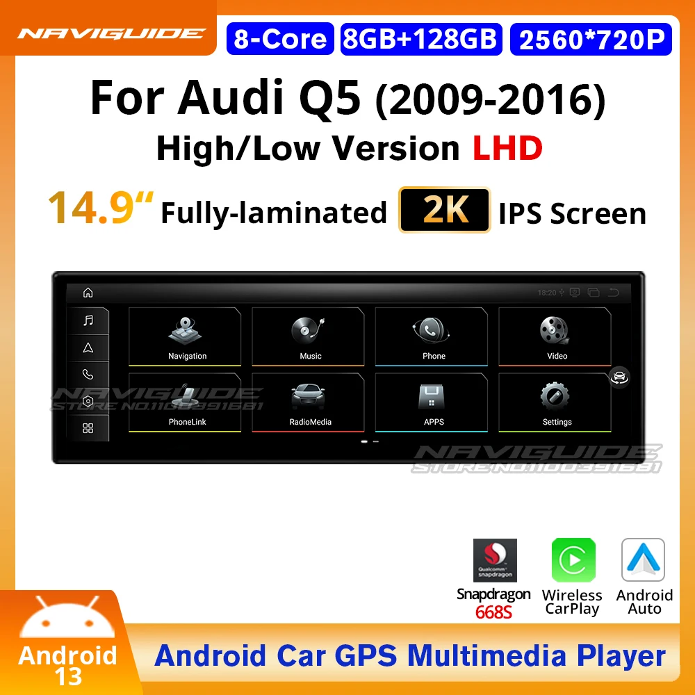 NAVIGUIDE 10.25 ''14.9 ''Android 13 Auto Multimedia Speler Voor Audi Q5 LHD 2009-2016 Navi Carplay Auto scherm Bluetooth WIFI BT