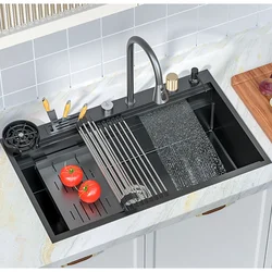 86*52CM Black Nano 304 Stainless Steel Waterfall Kitchen Sink Large Size Wash Basin With Multifunction Touch Waterfall Fauce