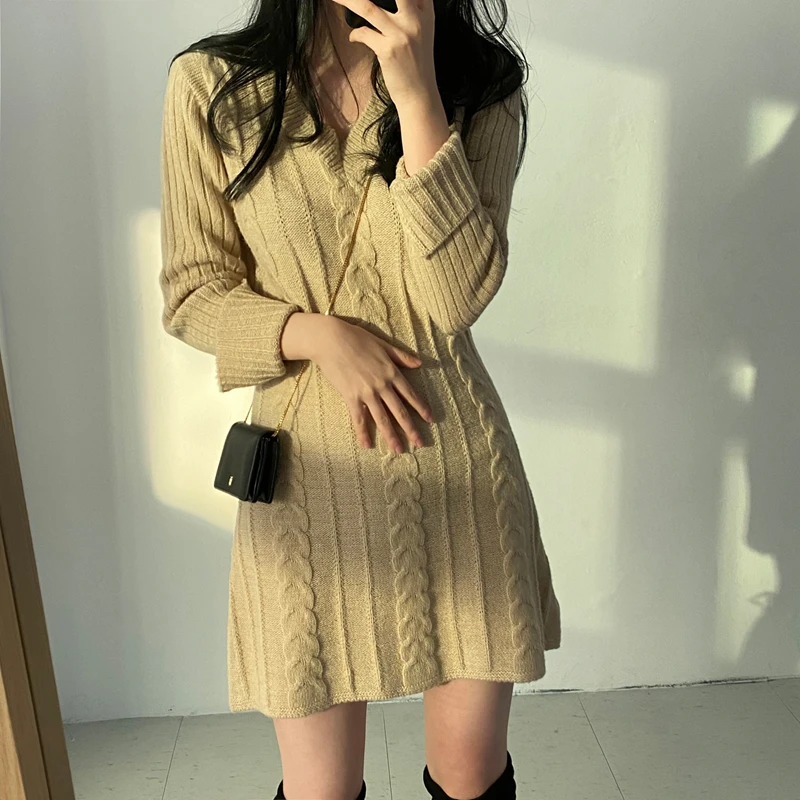 

Women's Knitted Dr Mid-Length Long Sve V-Ne Warm Fitted Vintage Twist Autumn Winter Faion Ladies' Premium Knitwear